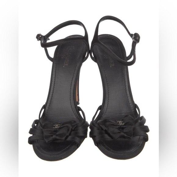 Chanel Vintage Sandals Heels CC Logo Slingback Crystal Bow Leather Black 38.5 - Picture 3 of 5